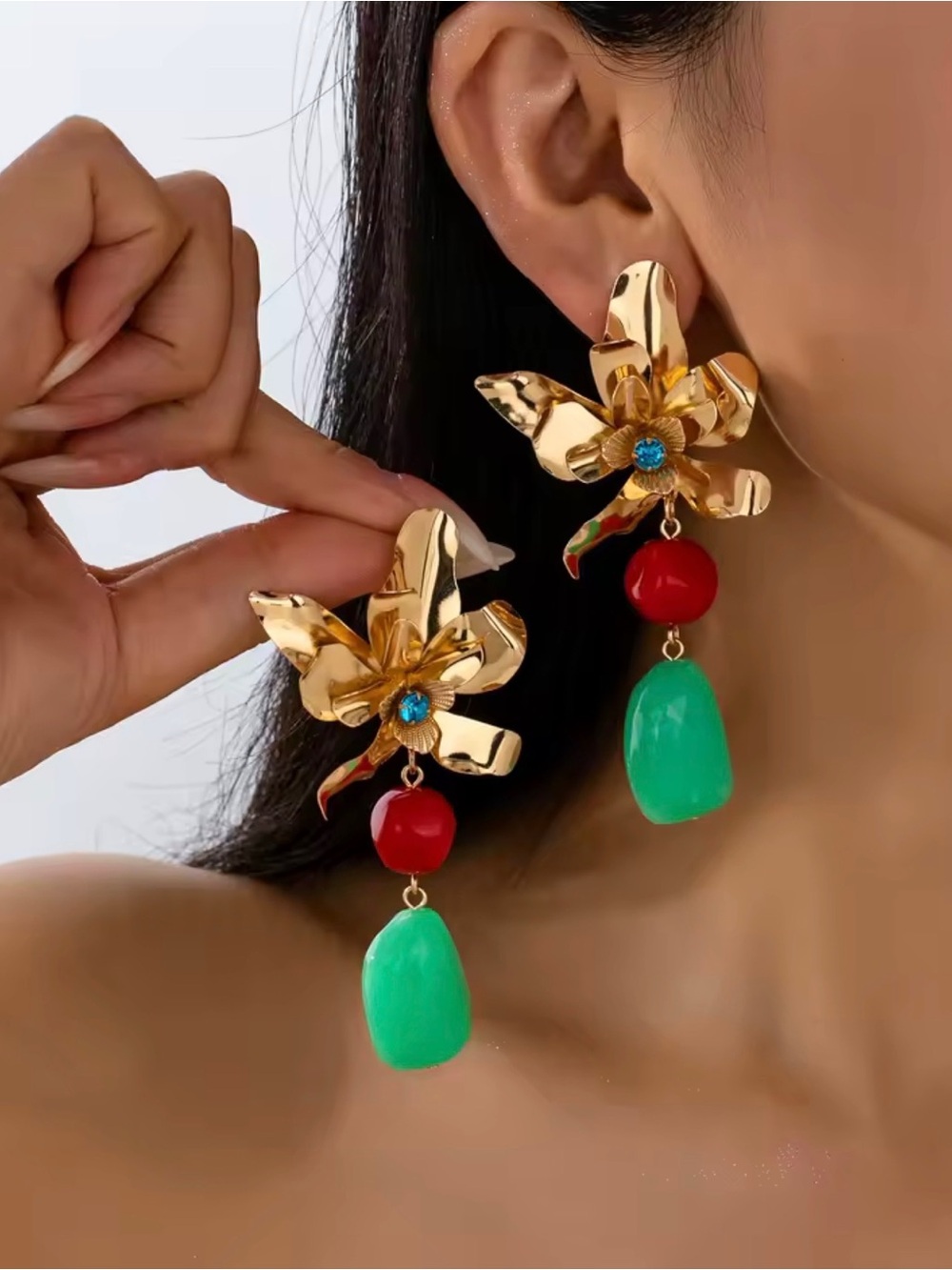 Zara Gold Tone Flower Drop Earrings with Red and Green Stones NWOT - Picture 2 of 5